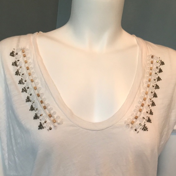 J. Crew Ivory V neck beaded tee size small - Picture 3 of 6
